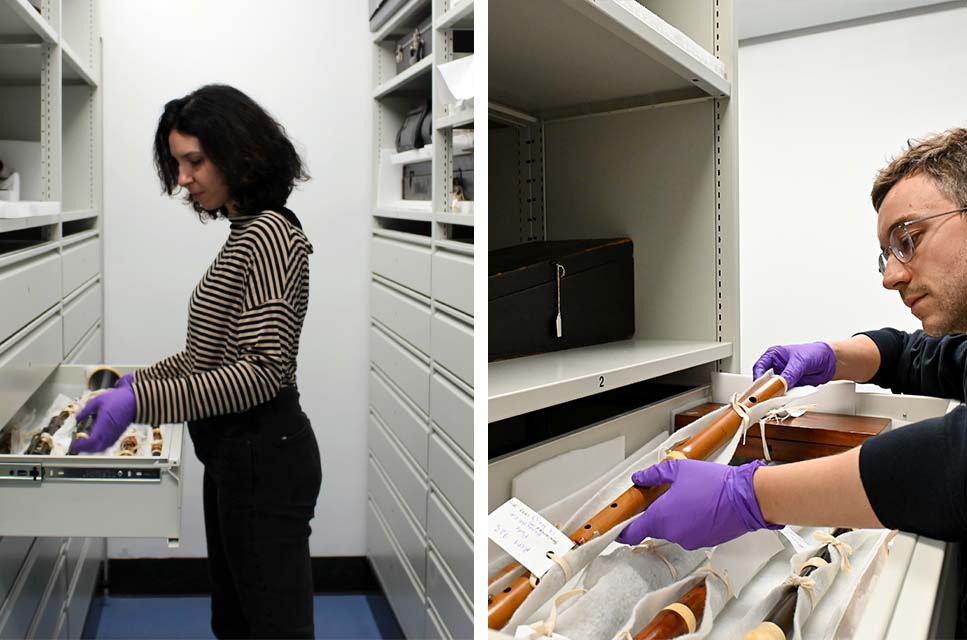 Richard Martin and Chiara Raponi looking at instruments in storage in the Wolfson Centre